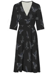 WRAP-FRONT MIDI DRESS (Noir Flying Ravens print)