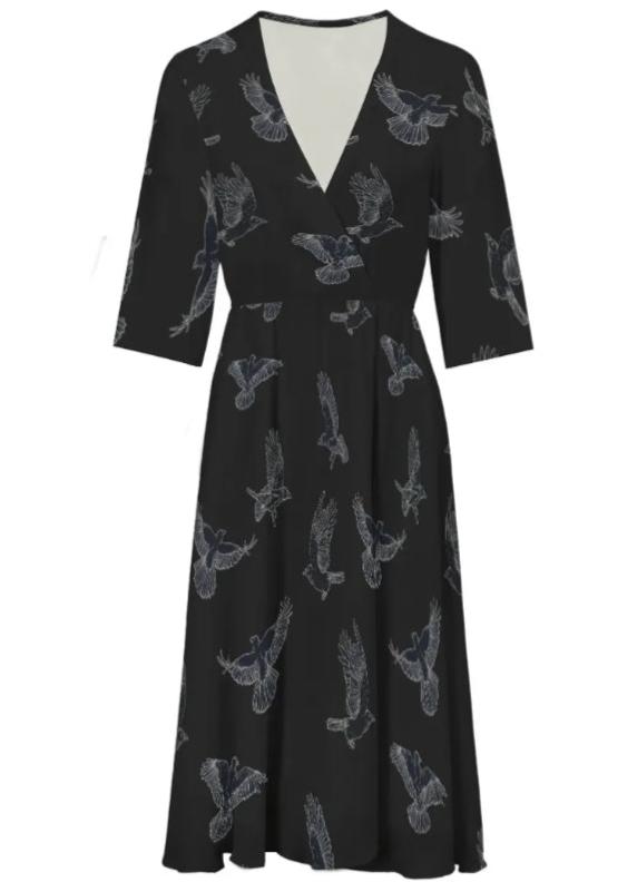 WRAP-FRONT MIDI DRESS (Noir Flying Ravens print)