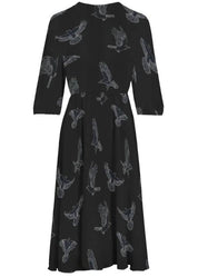WRAP-FRONT MIDI DRESS (Noir Flying Ravens print)
