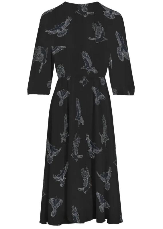WRAP-FRONT MIDI DRESS (Noir Flying Ravens print)