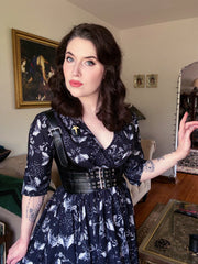 WRAP-FRONT MIDI DRESS (Botanical Bats print)