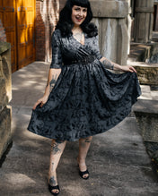 WRAP-FRONT MIDI DRESS (Grey Ravens & Blossoms)