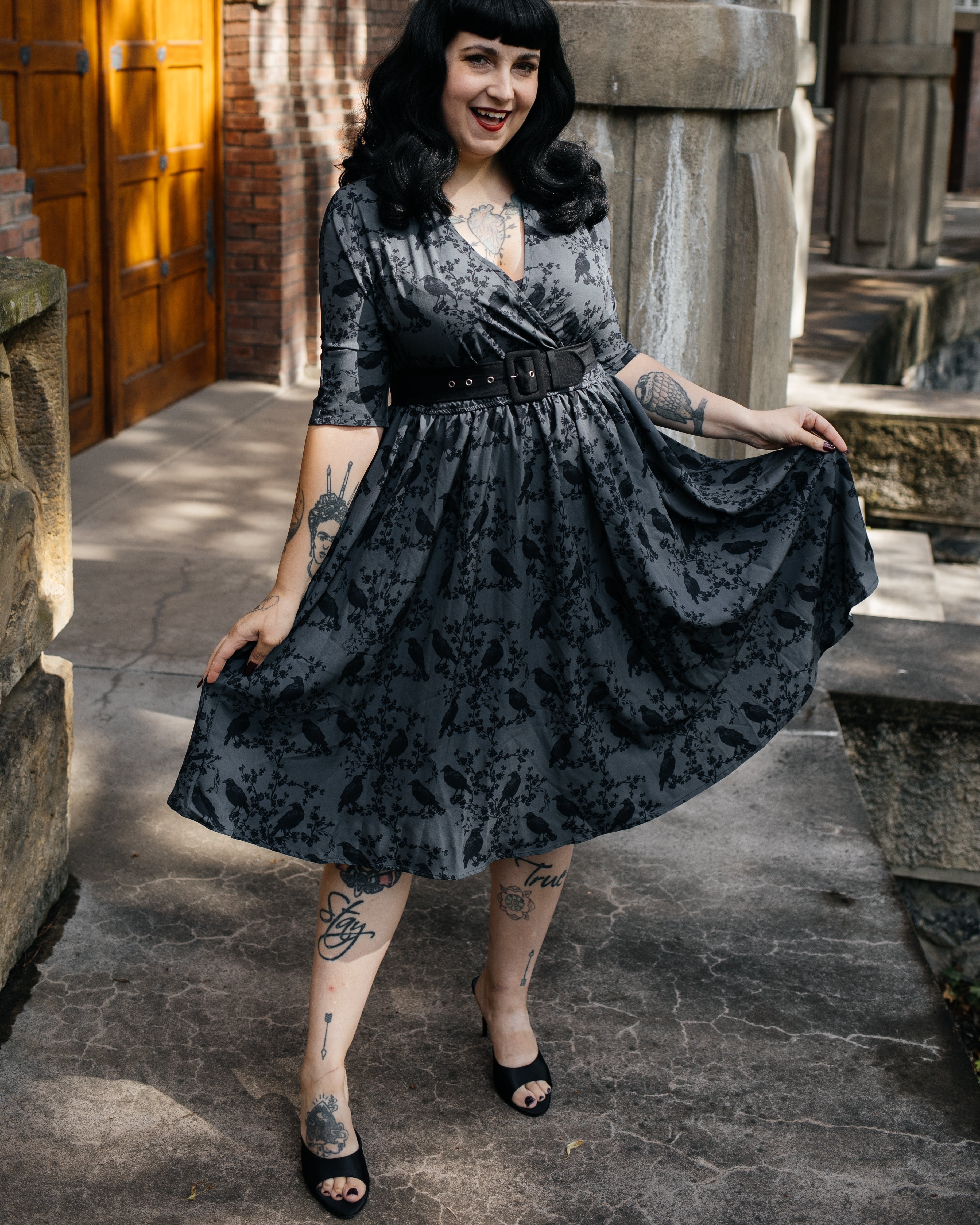 WRAP-FRONT MIDI DRESS (Grey Ravens & Blossoms)
