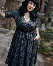 WRAP-FRONT MIDI DRESS (Grey Ravens & Blossoms)