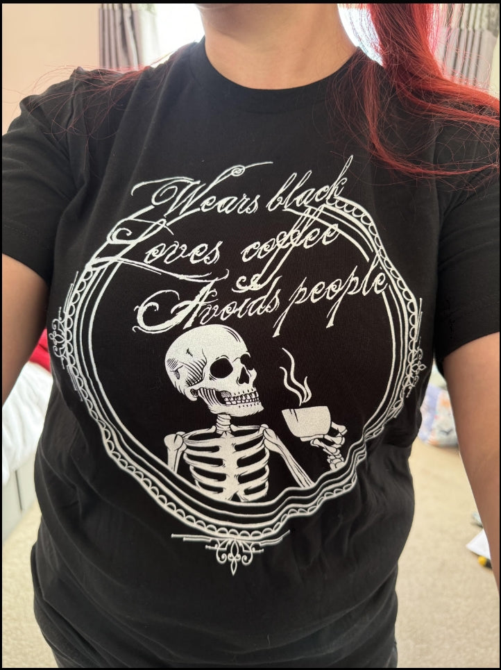 WEARS BLACK, LOVES COFFEE, AVOIDS PEOPLE  t-shirt