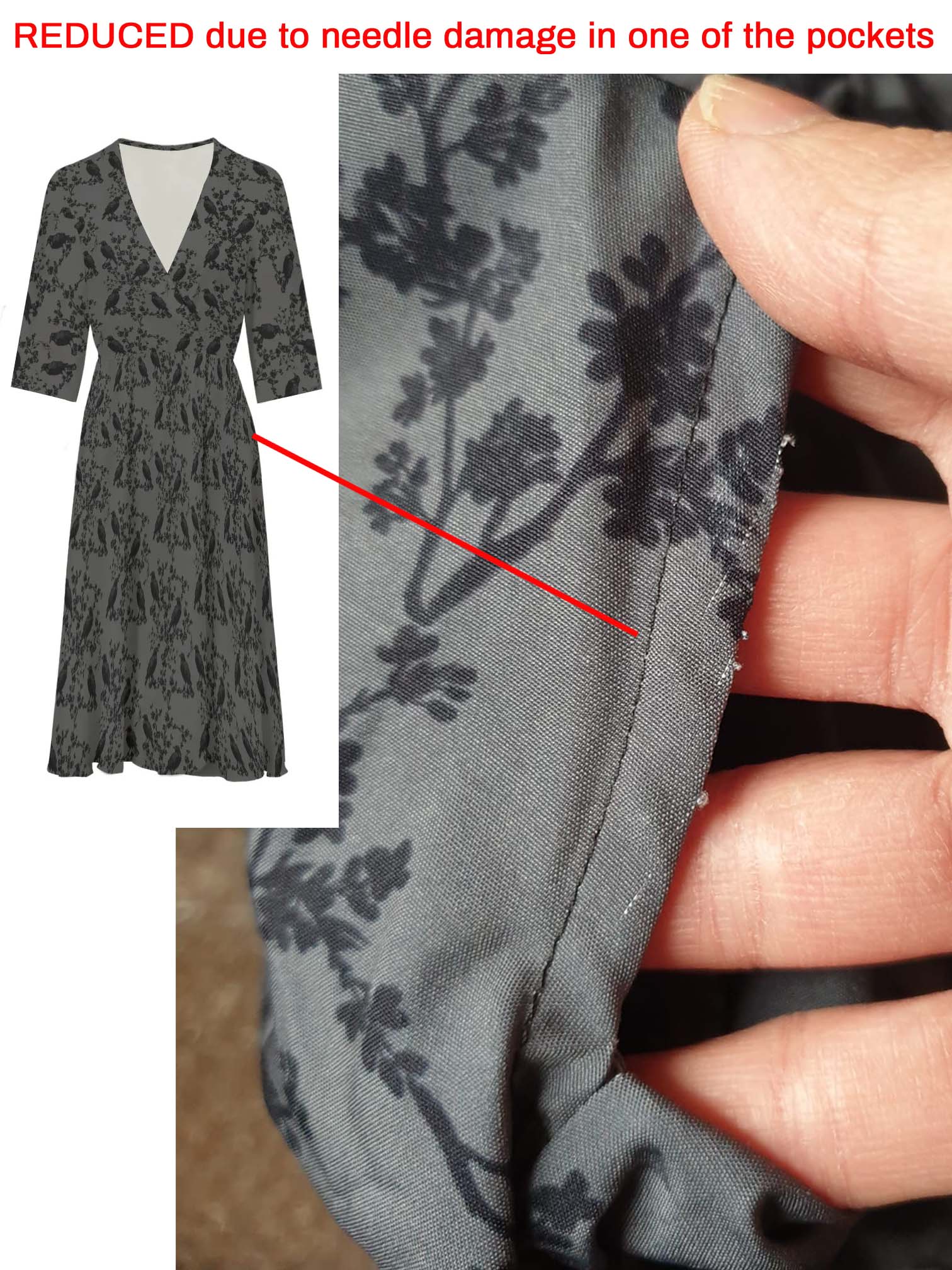 (imperfect) WRAP-FRONT MIDI DRESS (Grey Ravens & Blossoms)