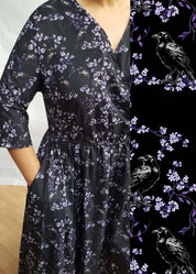 WRAP-FRONT MIDI DRESS (Black Ravens & Blossoms)
