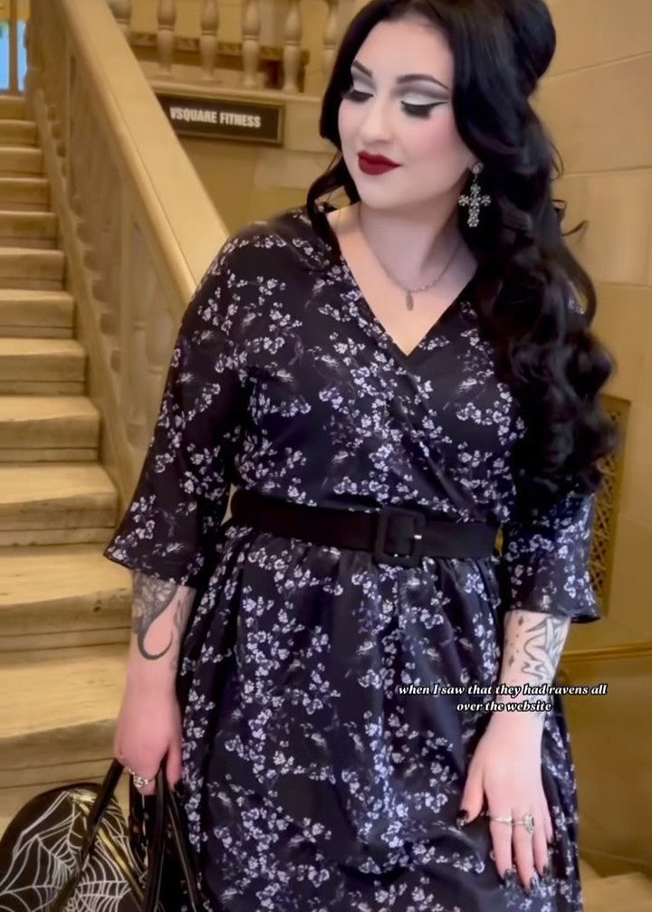 WRAP-FRONT MIDI DRESS (Black Ravens & Blossoms)