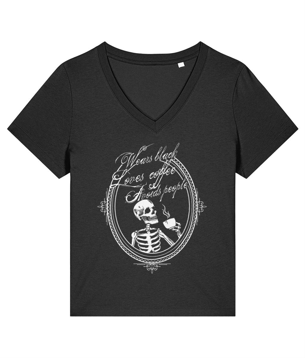 (V-NECK) WEARS BLACK, LOVES COFFEE, AVOIDS PEOPLE t-shirt