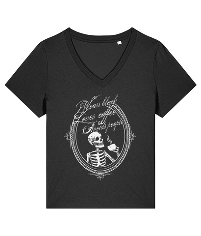 (V-NECK) WEARS BLACK, LOVES COFFEE, AVOIDS PEOPLE t-shirt