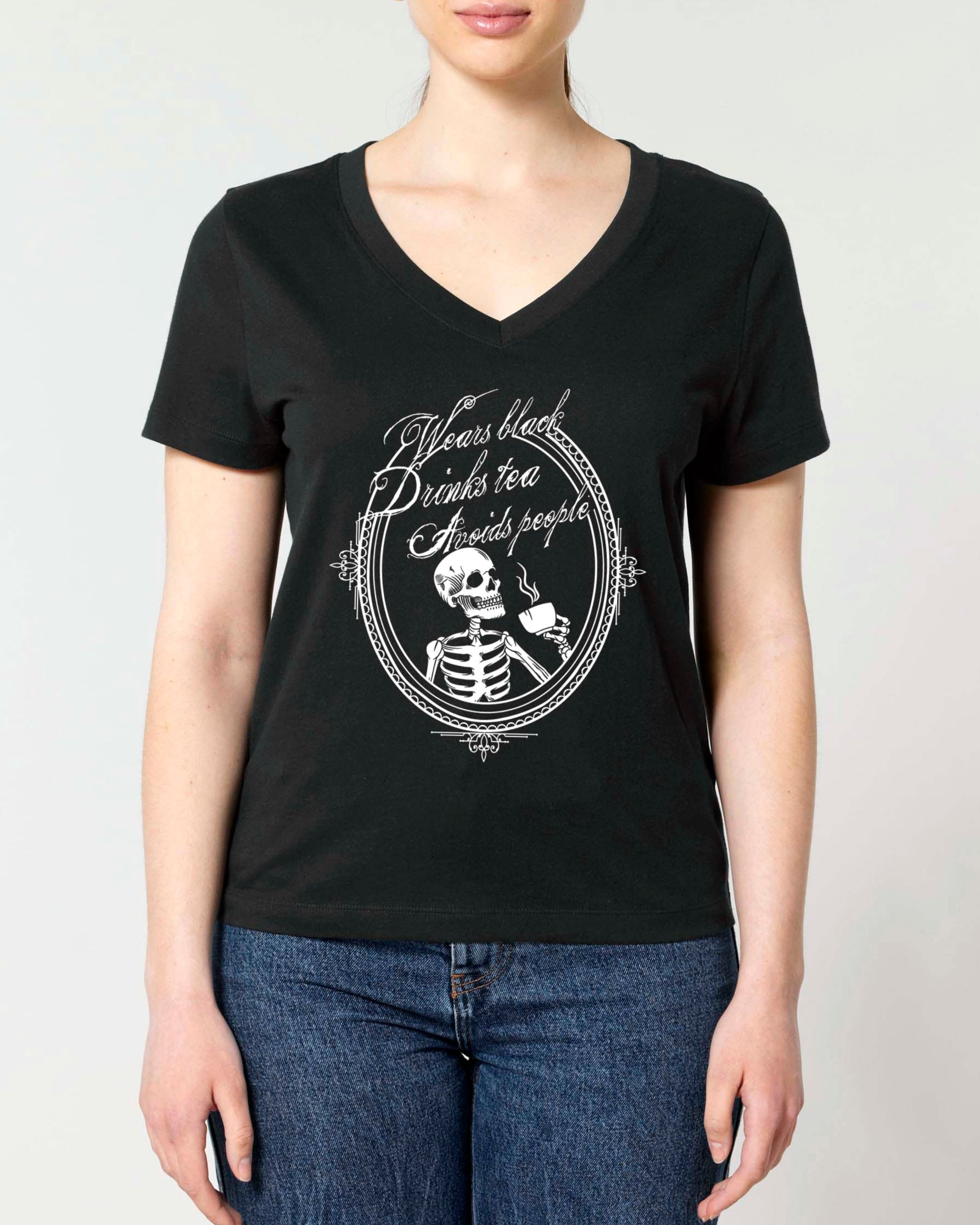 (V-NECK) WEARS BLACK, DRINKS TEA, AVOIDS PEOPLE t-shirt
