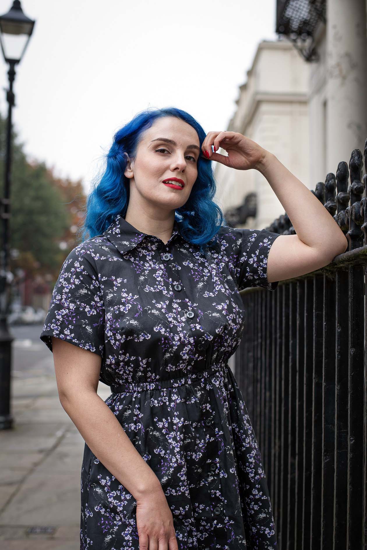 MIDI SHIRTDRESS (Black Ravens & Blossoms print)