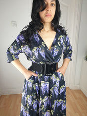 WRAP-FRONT MIDI DRESS (Hydrangeas & Sleepy Bats print)