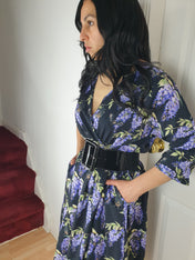WRAP-FRONT MIDI DRESS (Hydrangeas & Sleepy Bats print)