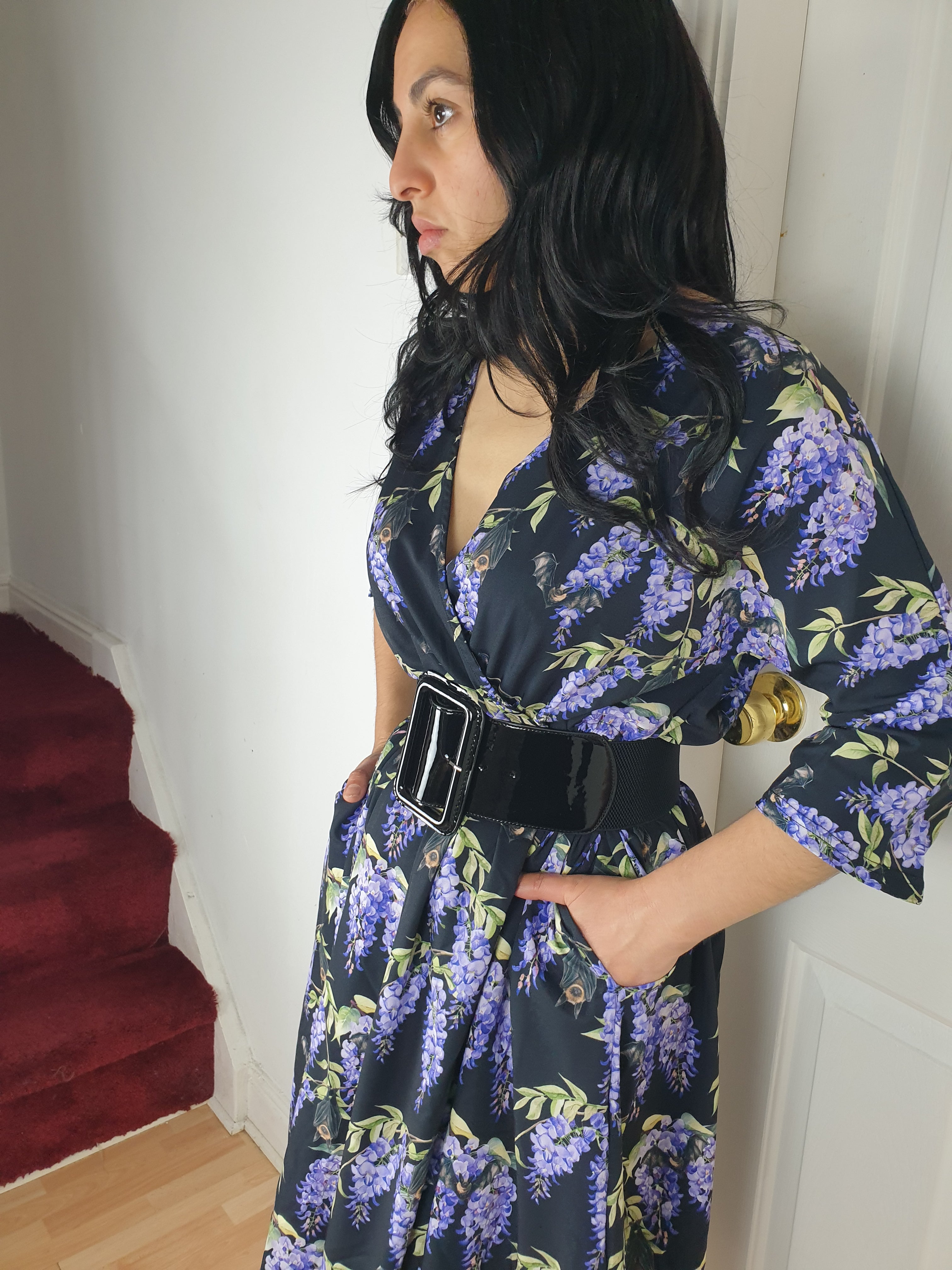 WRAP-FRONT MIDI DRESS (Hydrangeas & Sleepy Bats print)