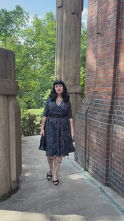 WRAP-FRONT MIDI DRESS (Grey Ravens & Blossoms)