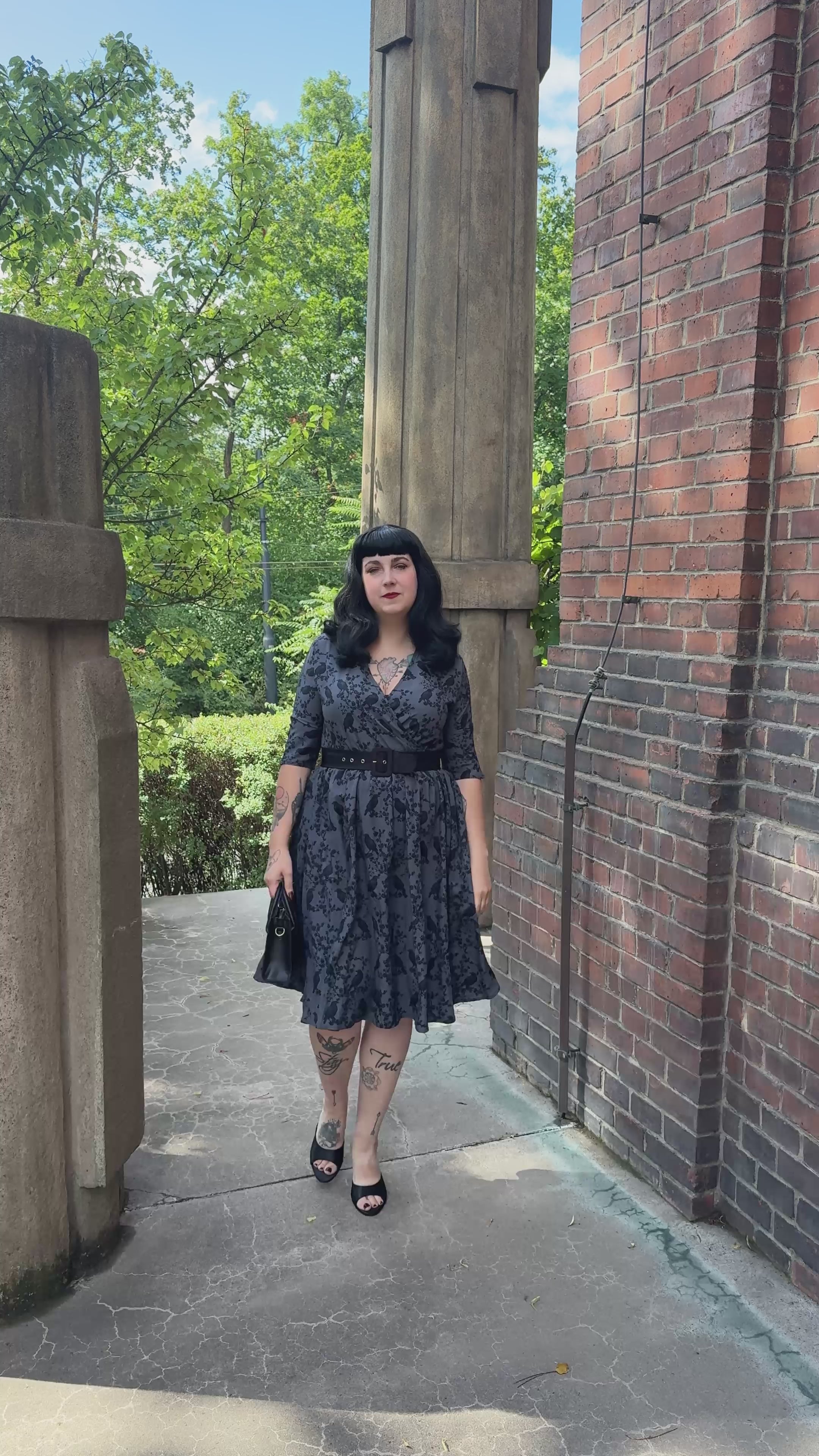 WRAP-FRONT MIDI DRESS (Grey Ravens & Blossoms)