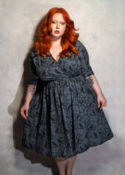 WRAP-FRONT MIDI DRESS (Grey Ravens & Blossoms)