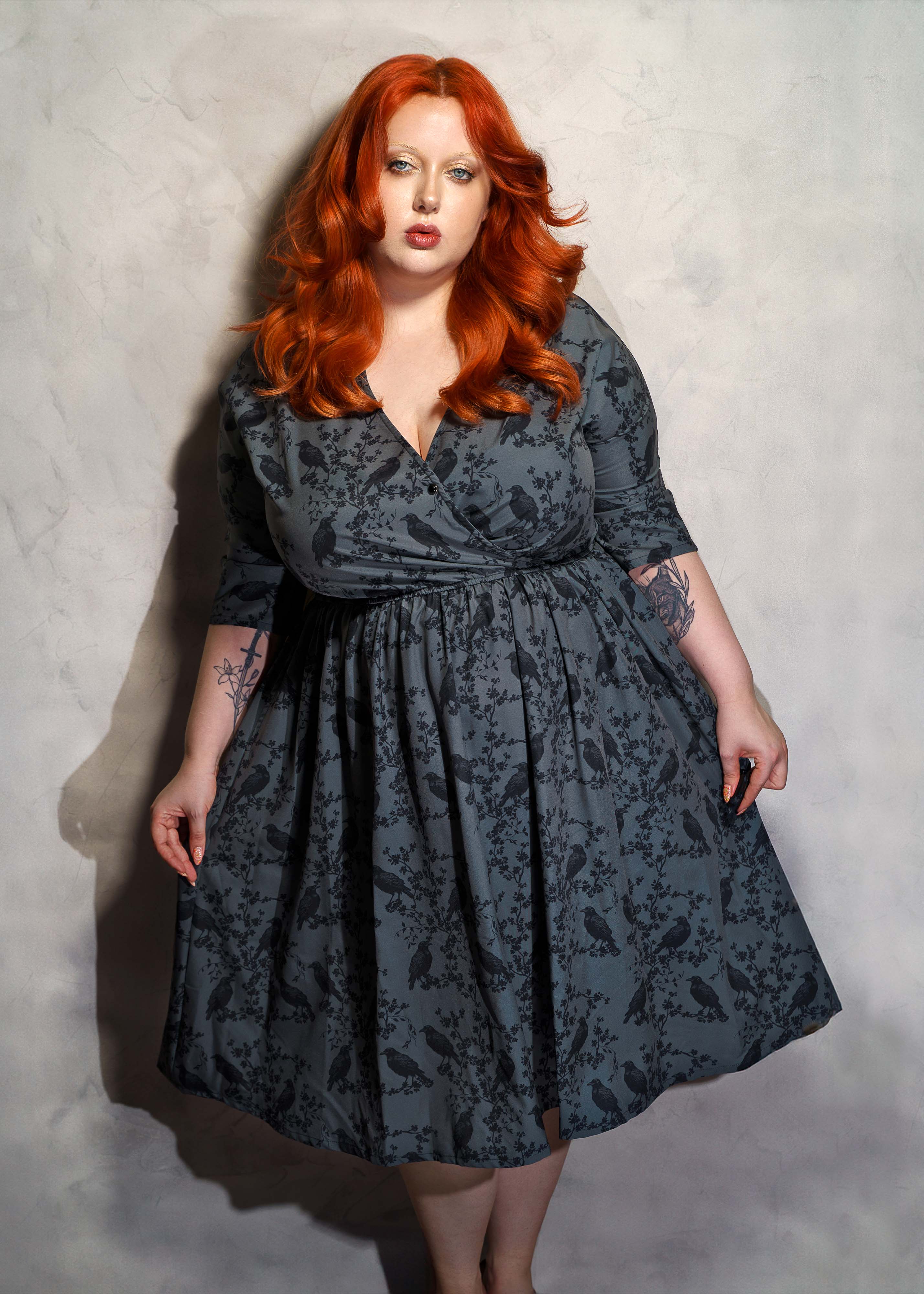 WRAP-FRONT MIDI DRESS (Grey Ravens & Blossoms)