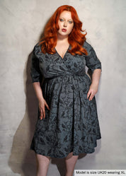WRAP-FRONT MIDI DRESS (Grey Ravens & Blossoms)