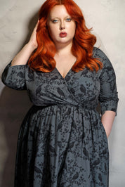 WRAP-FRONT MIDI DRESS (Grey Ravens & Blossoms)