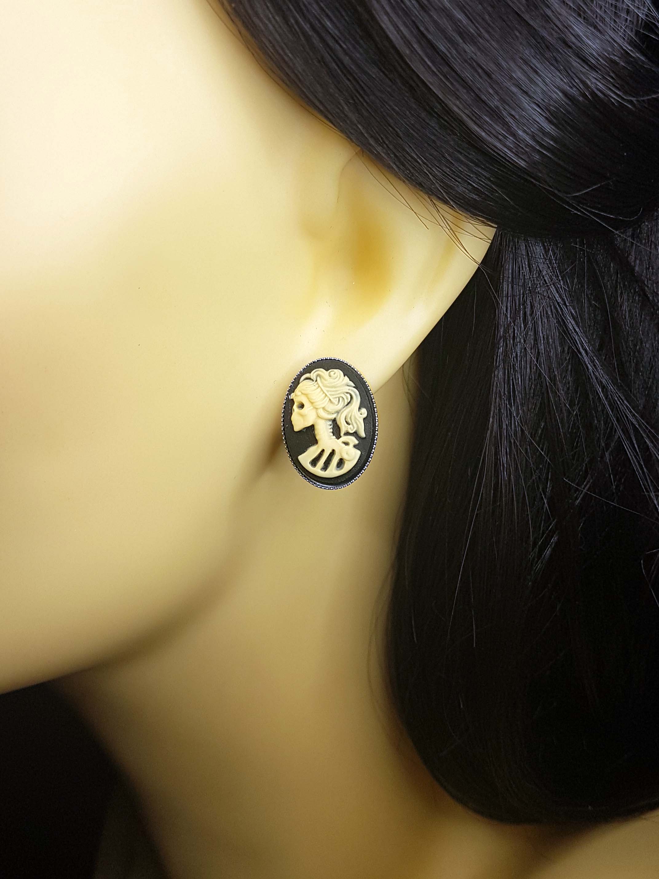 LADY SKULL SKELETON CAMEO STUD EARRINGS | THEBLACKWARDROBE.COM.