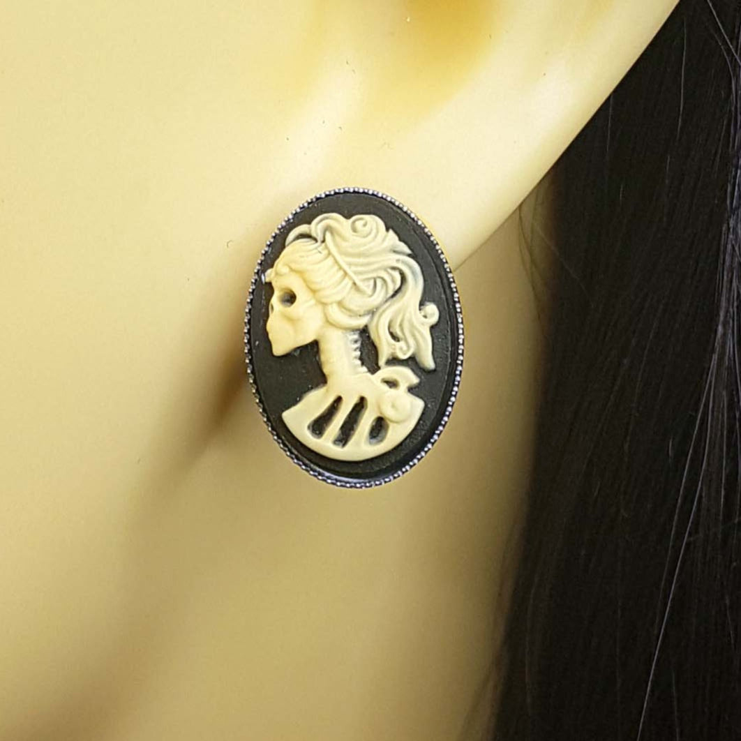 LADY SKULL SKELETON CAMEO STUD EARRINGS | THEBLACKWARDROBE.COM.
