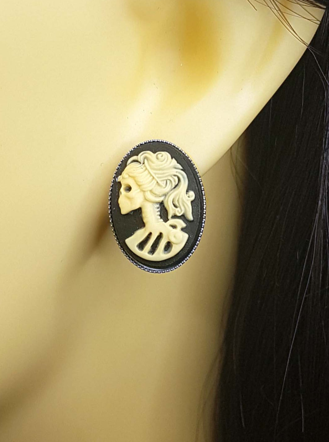 LADY SKULL SKELETON CAMEO STUD EARRINGS | THEBLACKWARDROBE.COM.