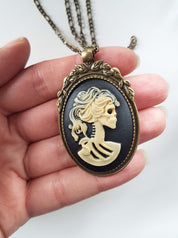 LADY SKULL SKELETON CAMEO NECKLACE | THEBLACKWARDROBE.COM.