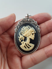 LADY SKULL SKELETON CAMEO NECKLACE | THEBLACKWARDROBE.COM.