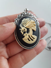 LADY SKULL SKELETON CAMEO NECKLACE | THEBLACKWARDROBE.COM.
