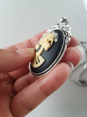 LADY SKULL SKELETON CAMEO NECKLACE | THEBLACKWARDROBE.COM.