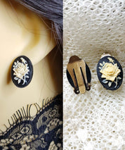 SMALL ROSE CAMEO CLIP-ON EARRINGS | THEBLACKWARDROBE.COM.