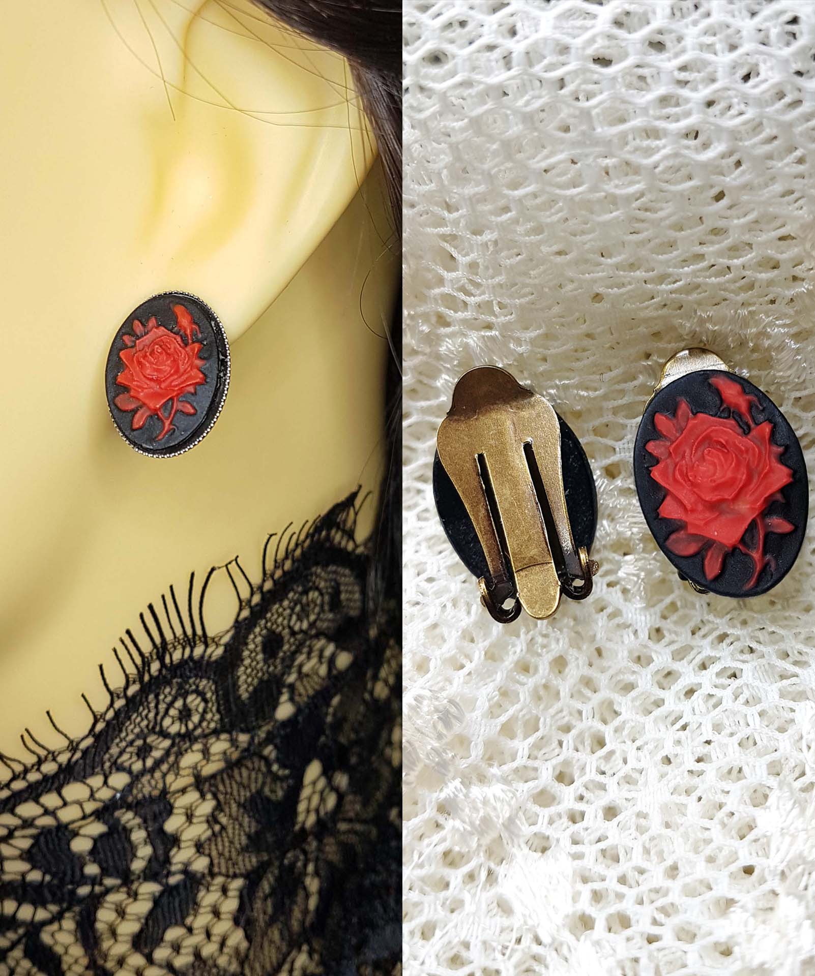 SMALL ROSE CAMEO CLIP-ON EARRINGS | THEBLACKWARDROBE.COM.