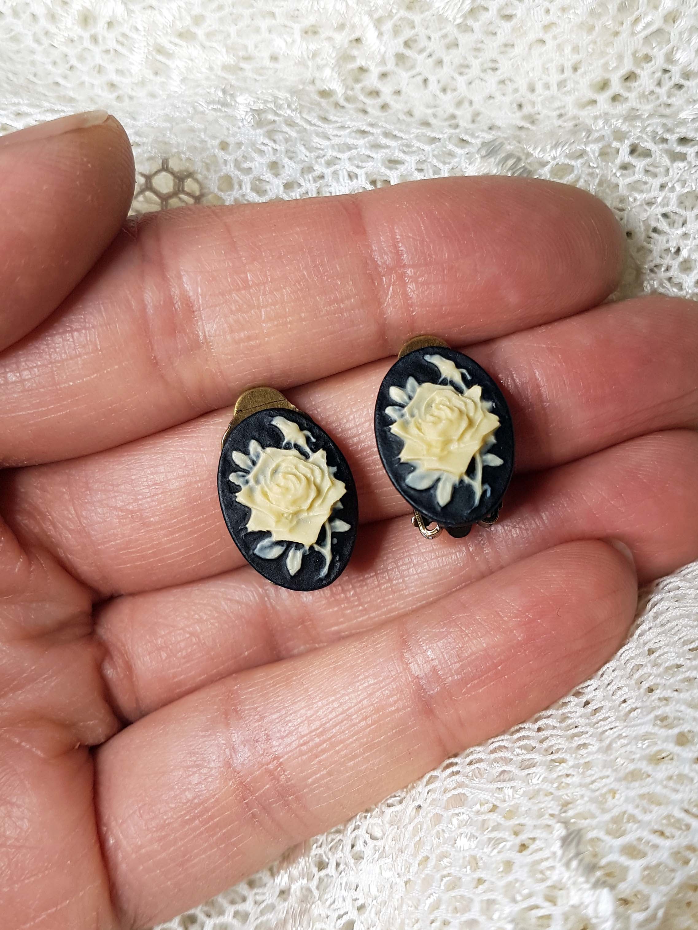 SMALL ROSE CAMEO CLIP-ON EARRINGS | THEBLACKWARDROBE.COM.