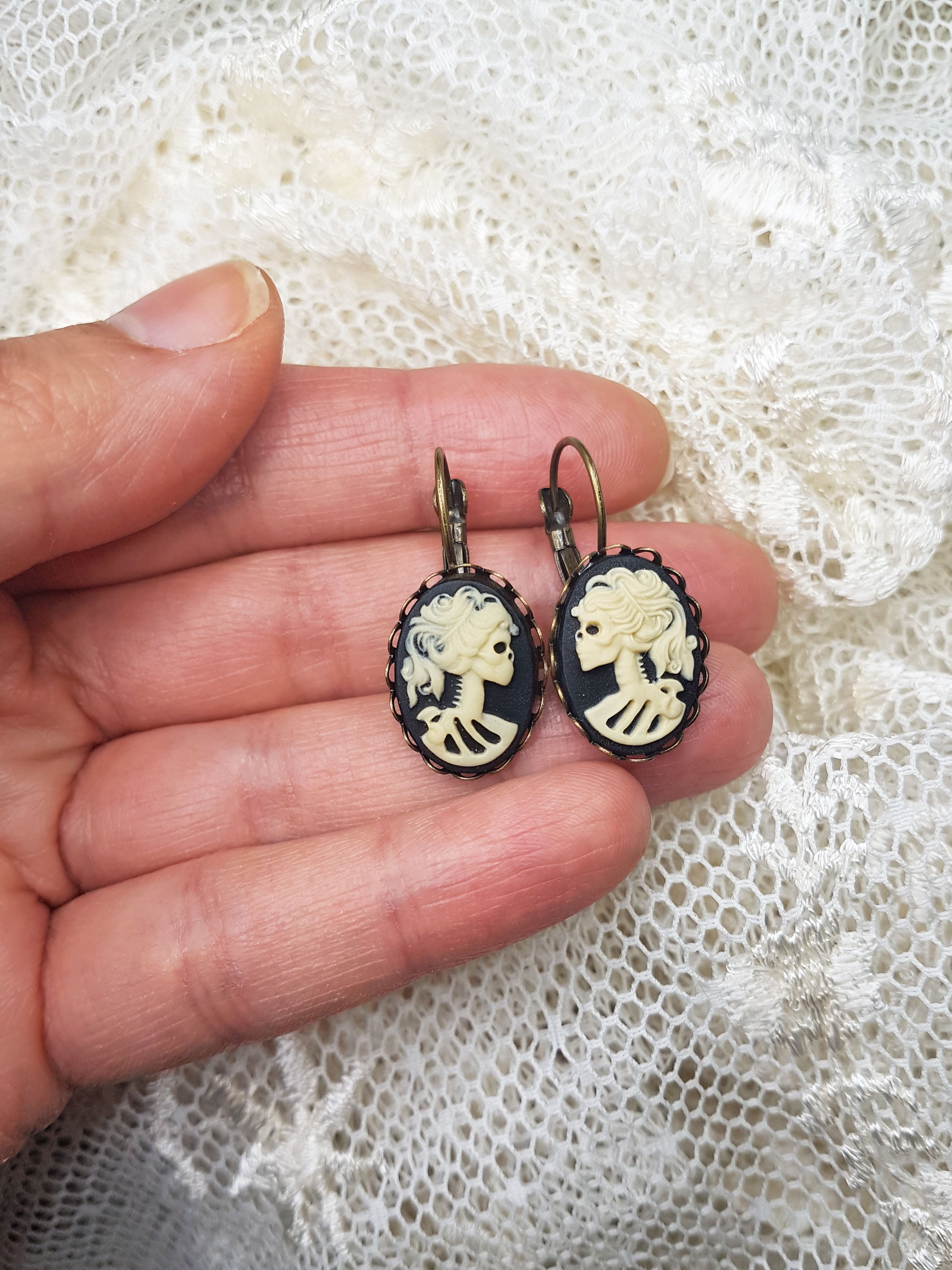 SMALL LADY SKULL CAMEO EARRINGS | THEBLACKWARDROBE.COM.