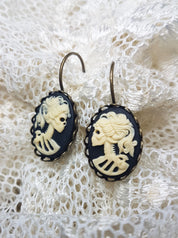 SMALL LADY SKULL CAMEO EARRINGS | THEBLACKWARDROBE.COM.