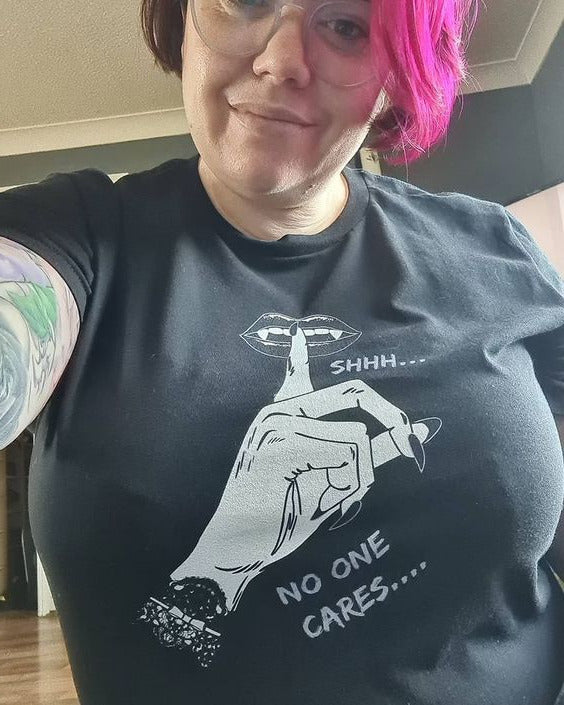 SHHH...NO ONE CARES - alternative Goth graphic t-shirt | THEBLACKWARDROBE.COM.