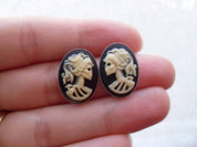 LADY SKULL SKELETON CAMEO STUD EARRINGS | THEBLACKWARDROBE.COM.