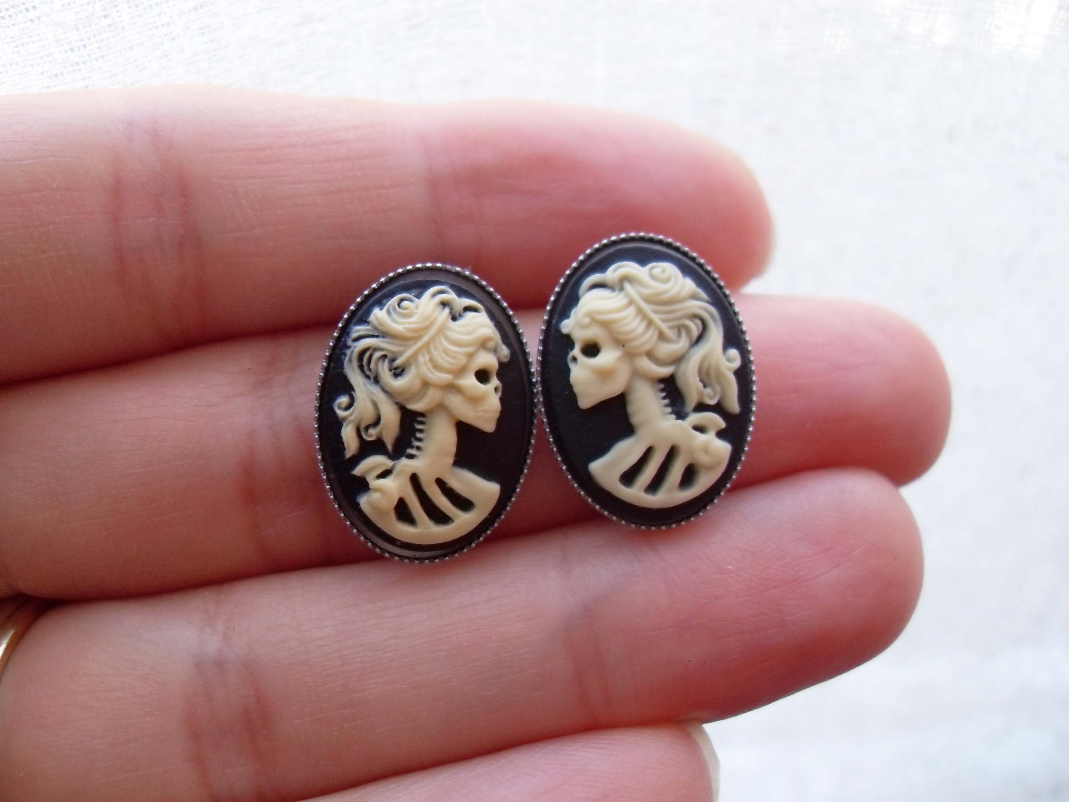 LADY SKULL SKELETON CAMEO STUD EARRINGS | THEBLACKWARDROBE.COM.