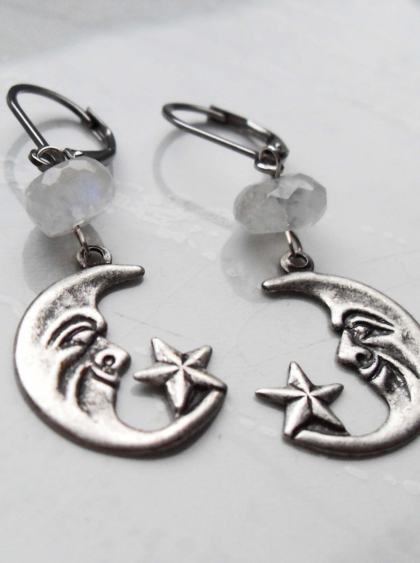 MOONSTONE CRESCENT MOON EARRINGS | THEBLACKWARDROBE.COM.
