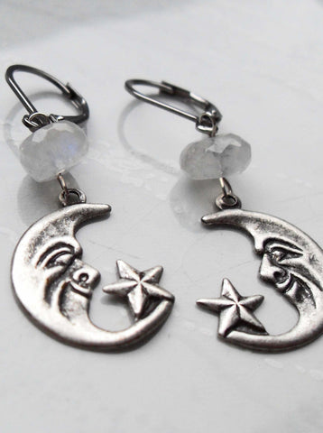 MOONSTONE CRESCENT MOON EARRINGS | THEBLACKWARDROBE.COM.