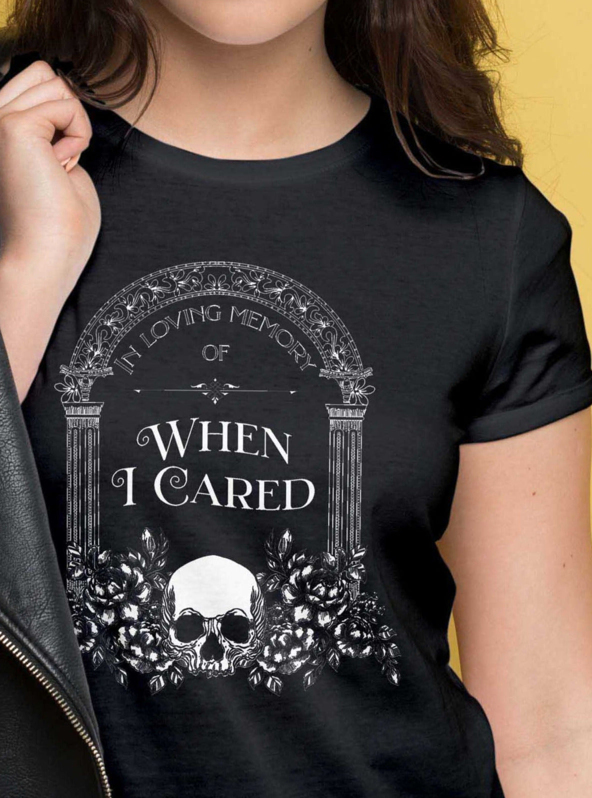 IN MEMORY OF WHEN I CARED - macabre dark humour t-shirt | THEBLACKWARDROBE.COM.