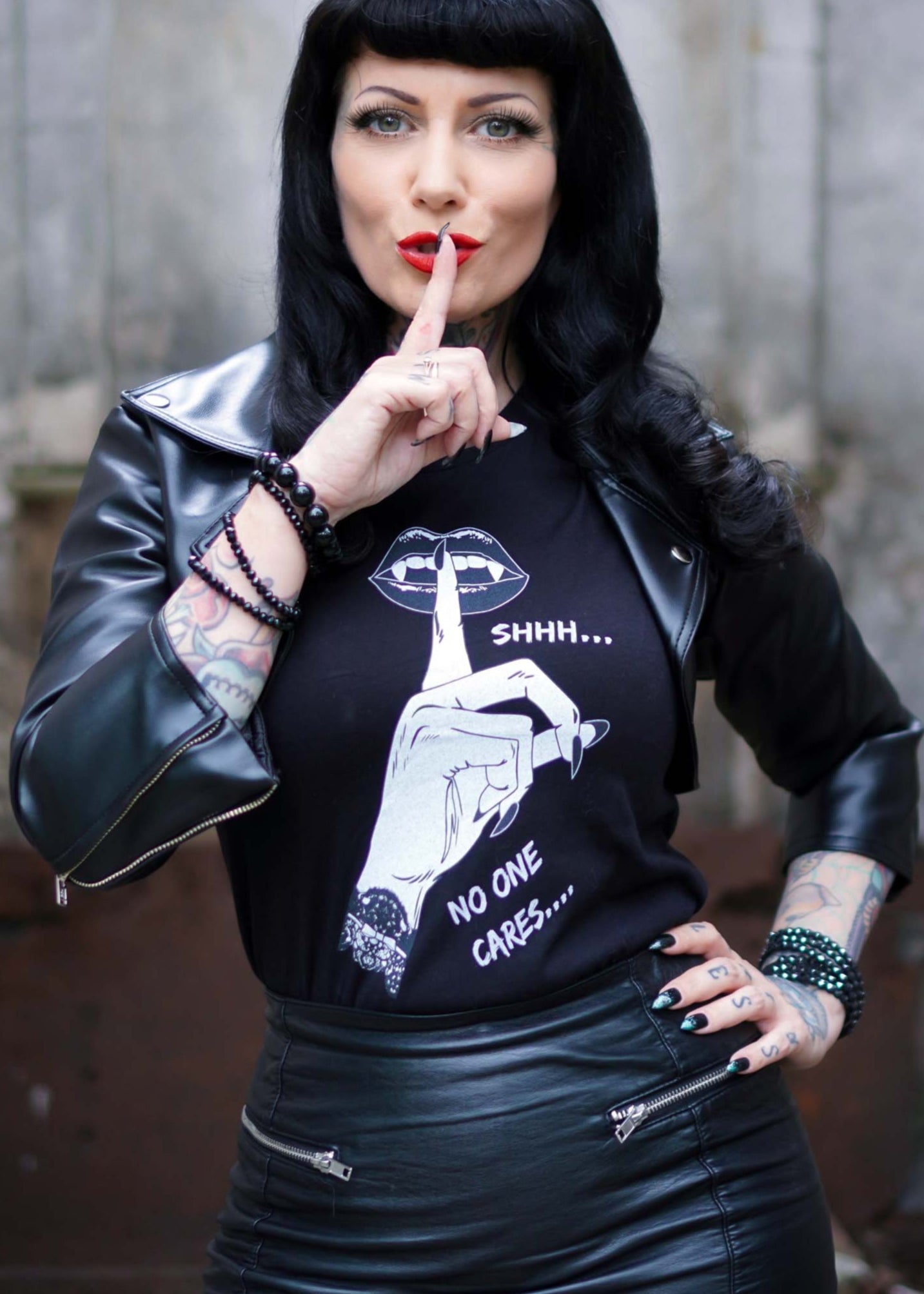 SHHH...NO ONE CARES - alternative Goth graphic t-shirt | THEBLACKWARDROBE.COM.